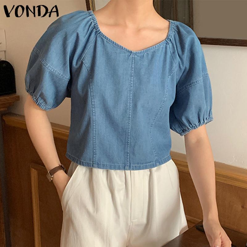 

VONDA летняя женская однотонная джинсовая блузка с квадратным вырезом и короткими рукавами