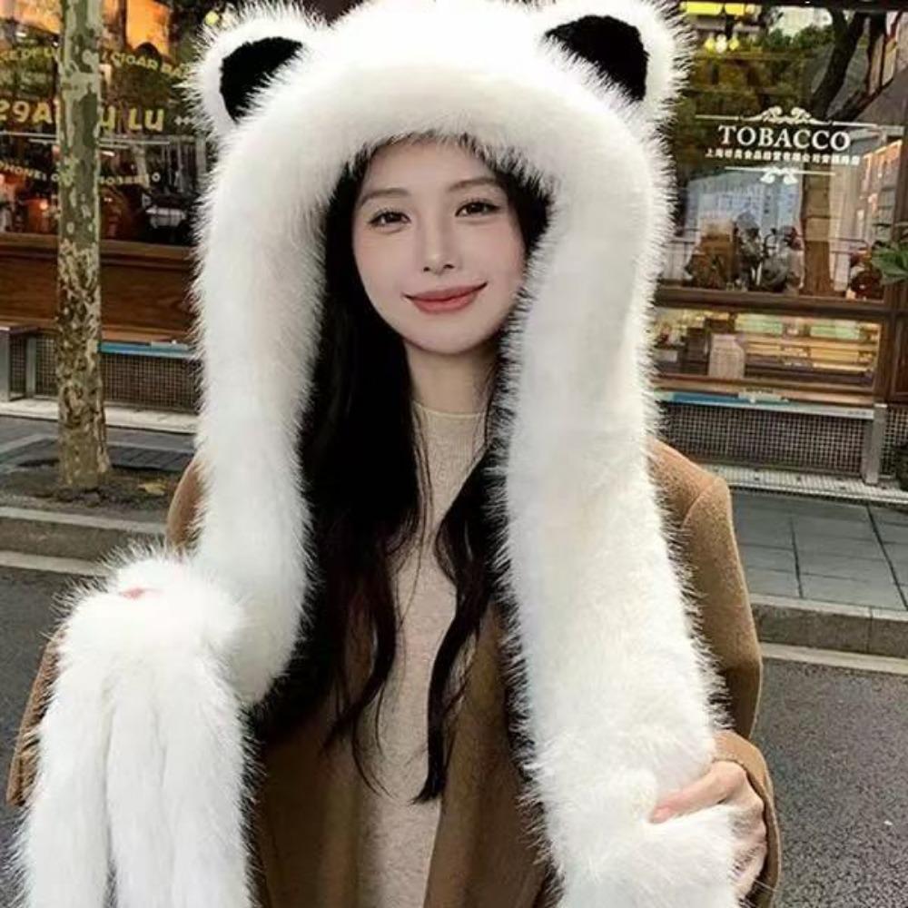 Winter Warm Doppelt Plüsch Verdickt Imitation Fuchs Ohren Mütze Schal Integriert Kalter Ohrenschutz Schneemütze