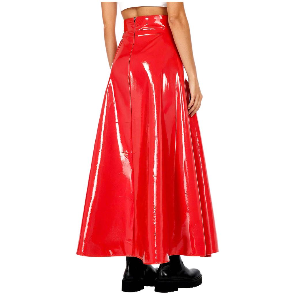 Damen Lackleder Hoher Schlitz Rock Hinten Unsichtbarer Reißverschluss Hohe Taille Minirock für Club Rave Musikfestival Karneval Party Ausgehen