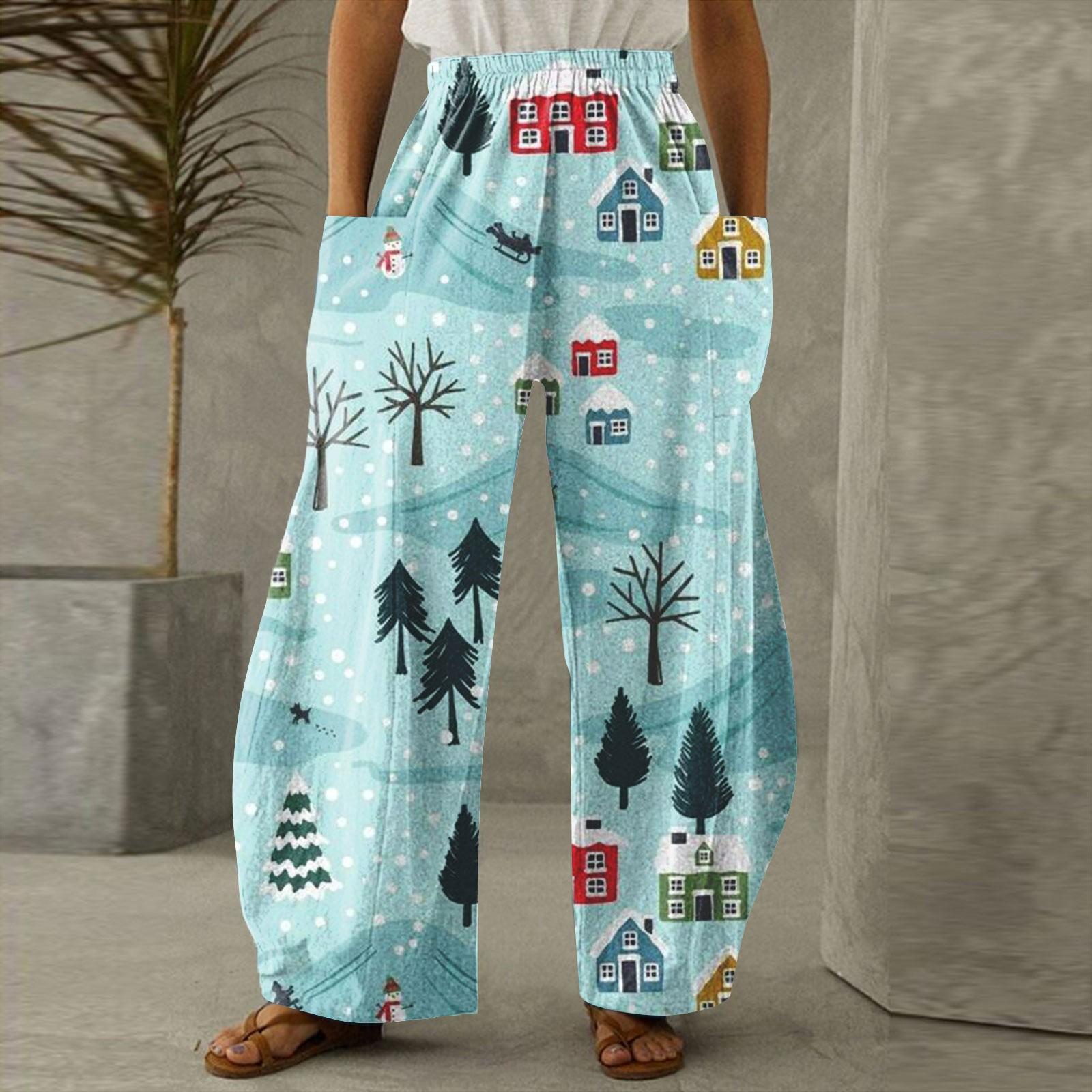 

Женские модные свободные домашние брюки с эластичной резинкой на талии и рождественским принтом, повседневные прямые брюки с карманами XXXL