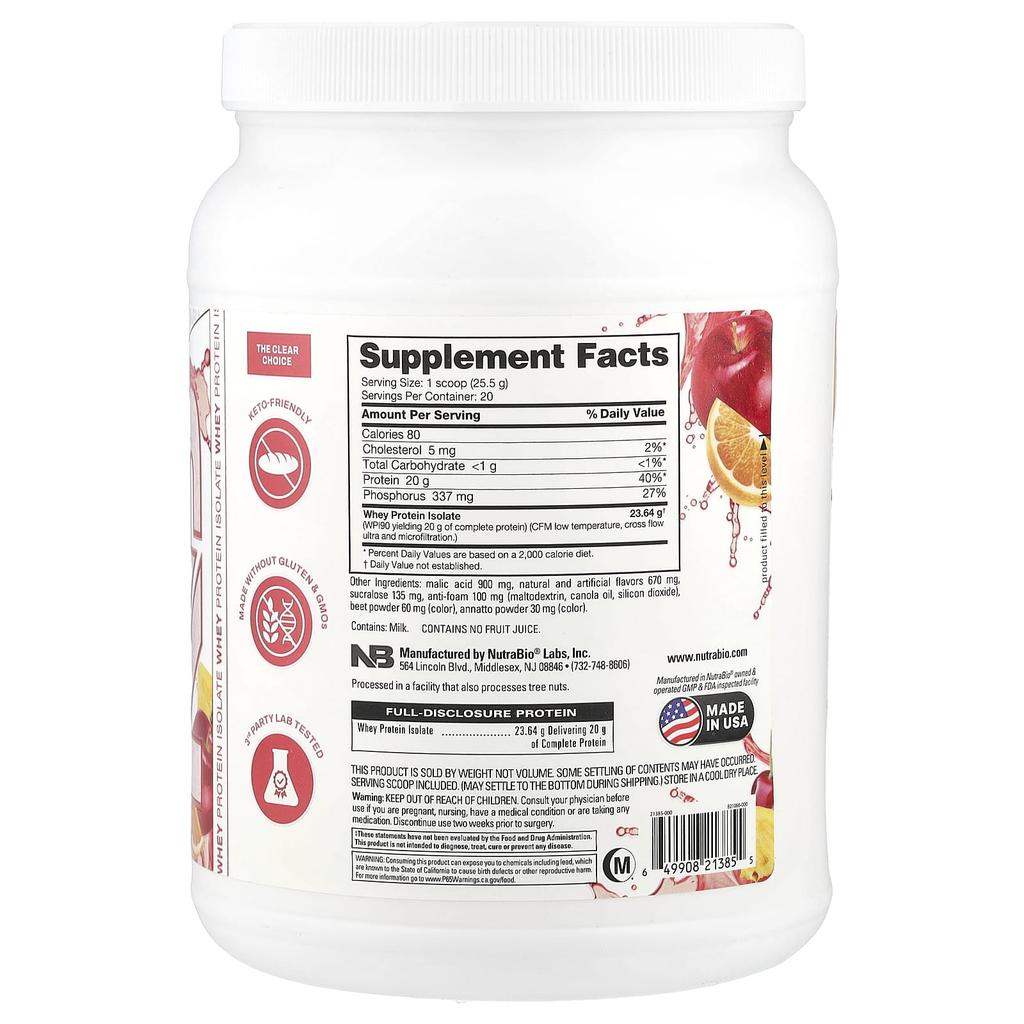 Clear Protein Powder, Whey Protein Isolate, Fruit Punch, 511G (1.1Lb)