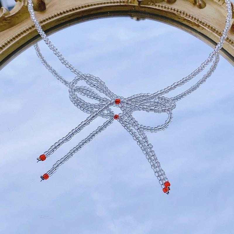Trendy Bowknot Clavicle Chain Necklace Exquisite Beads Necklace Party Neck Jewelry Glaze Material Gift for Fashion Lover