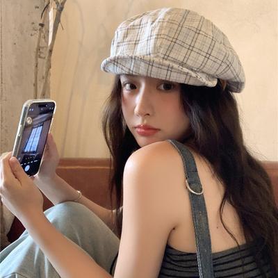 Plaid Beret Women's Spring Summer Thin Versatile Face Small Octagonal Hat Big Head Circumference Painter Hat