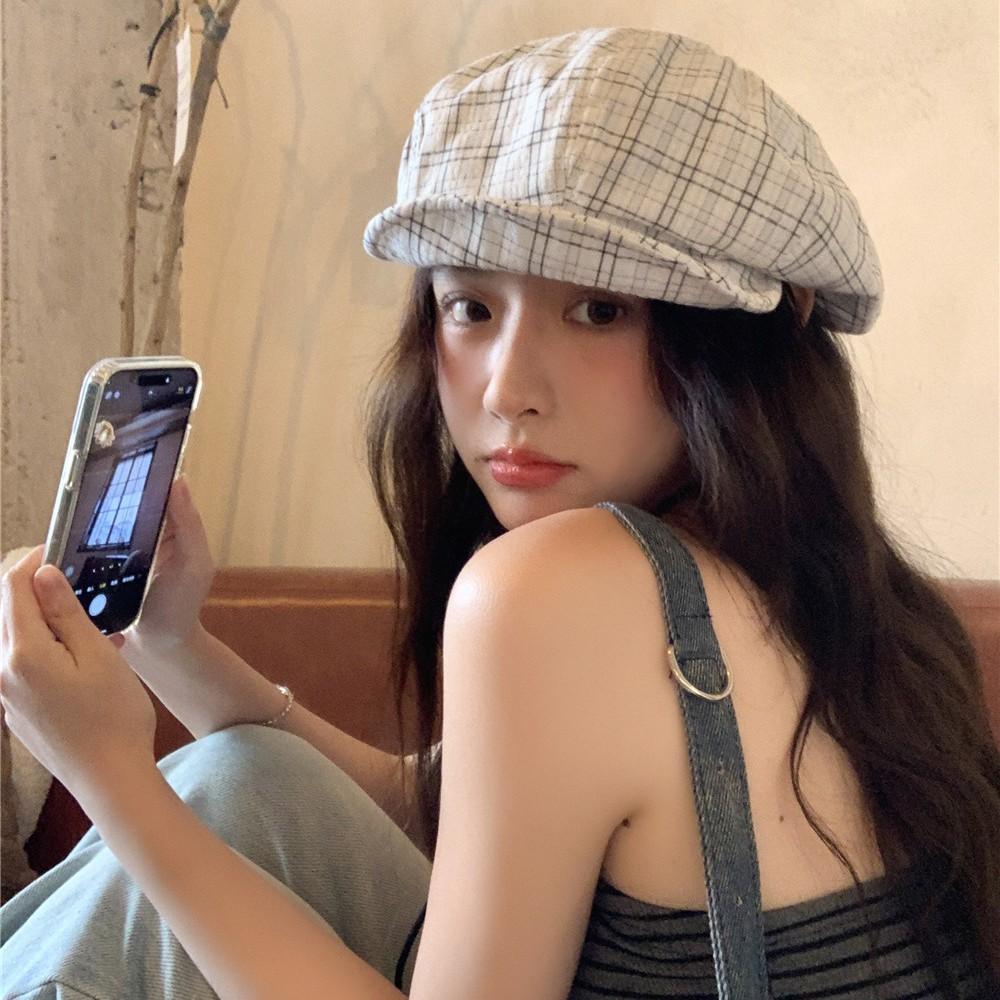 Plaid beret women's spring summer thin versatile face small octagonal hat big head circumference painter hat