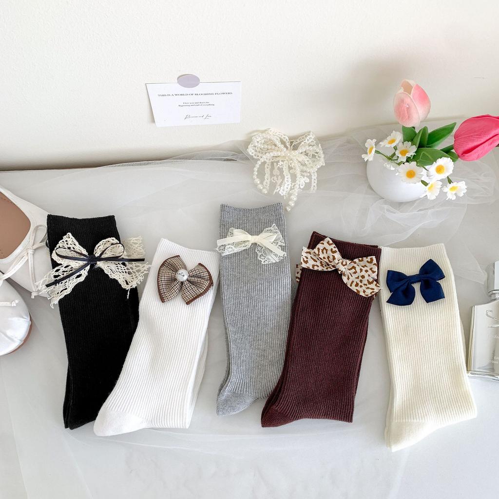 Bow Socks Versatile Stacked Socks Long Season Solid Color Double Needle Cotton Socks Gray Mid-Leg Socks