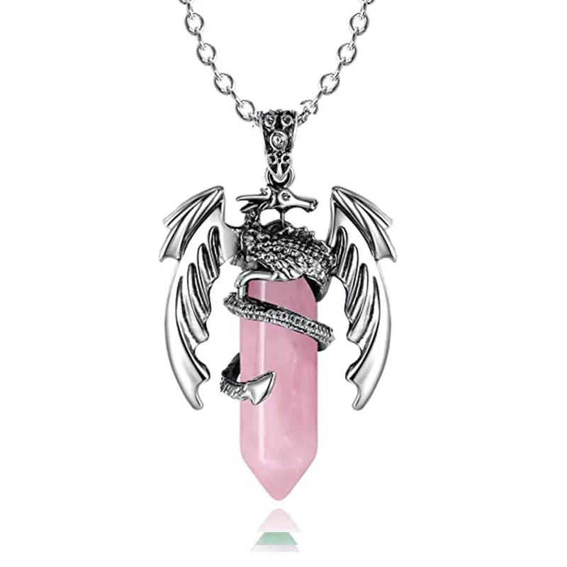 European and American Animal Dragon Man Necklace  Pink Quartz Hexagonal Crystal Pendant Vintage Men Women Pendant Jewelry