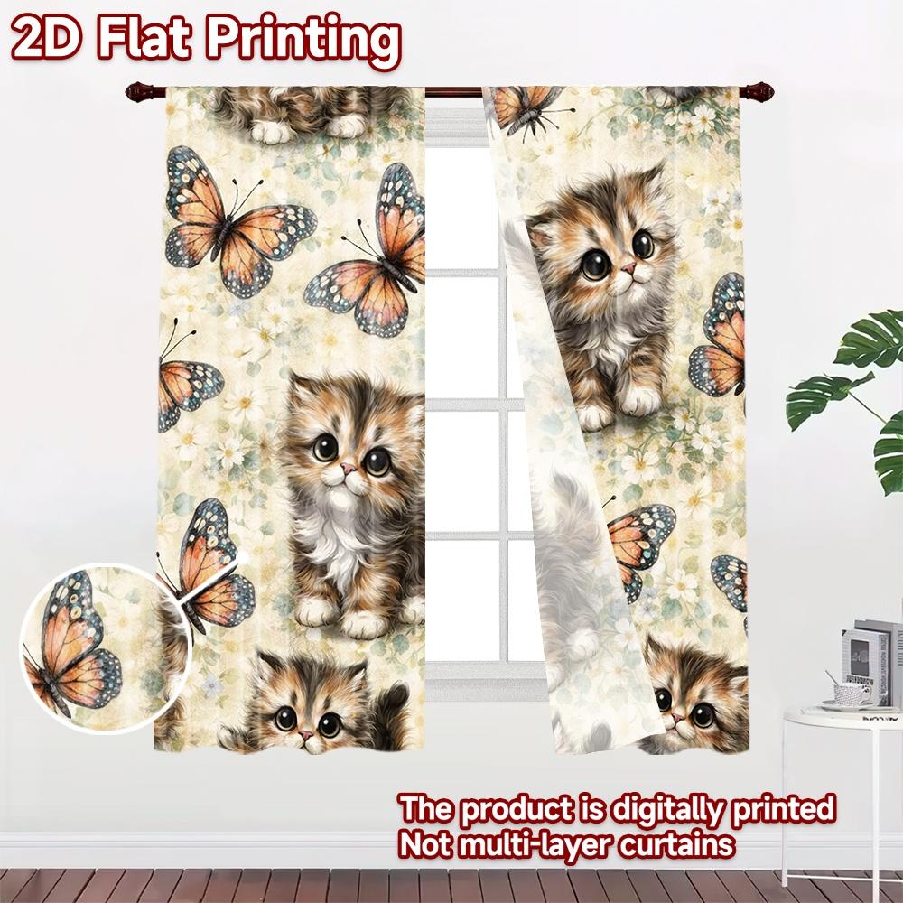 2D flat printing 2pcs Curtain Window Treatment Curtains Kitten and Butterflies Digital Printed Polyester Drapes Festive Curtains