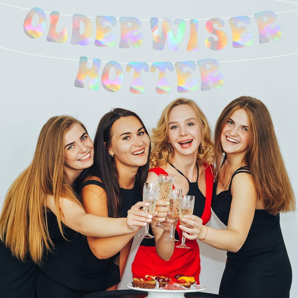 BEISHIDA Iridescent Glitter Older Wiser Hotter Banner - DIY - Birthday Banner Decoration for 40th 50th 60th 70th 80th Women Funny Cute Birthday