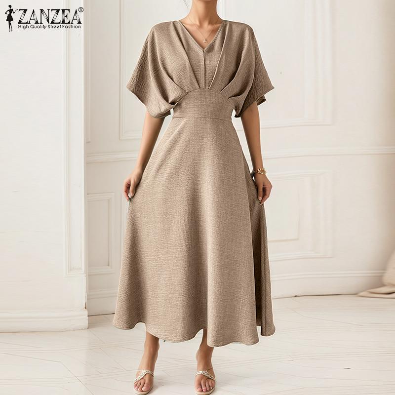 ZANZEA Women Summer V-Neck Casual Short Sleeve Slim Waist Dress