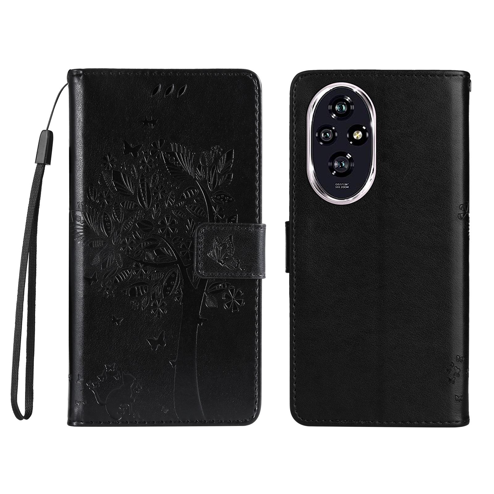

For Honor 200 5G Phone Case with Stand Cat Tree Pattern Leather Wallet Mobile Cover Black
