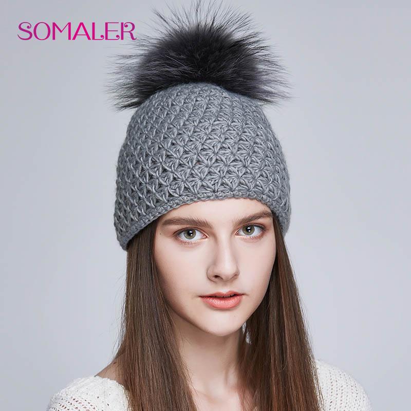 SOMALER Handmade Warm Winter Hats for Women Real Fox/Raccoon Fur Pompom Beanies Mix-color Caps