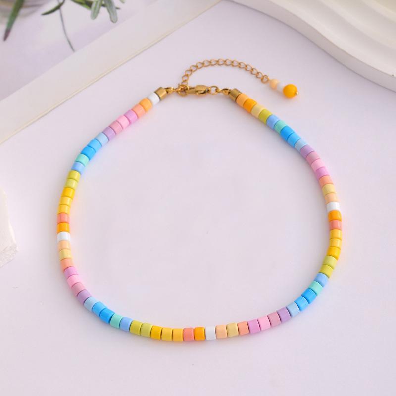 Trendy New Arrival Alloy Colorful Beaded Collarbone Necklace Beaded Chain Bracelet Jewelry Set for Women