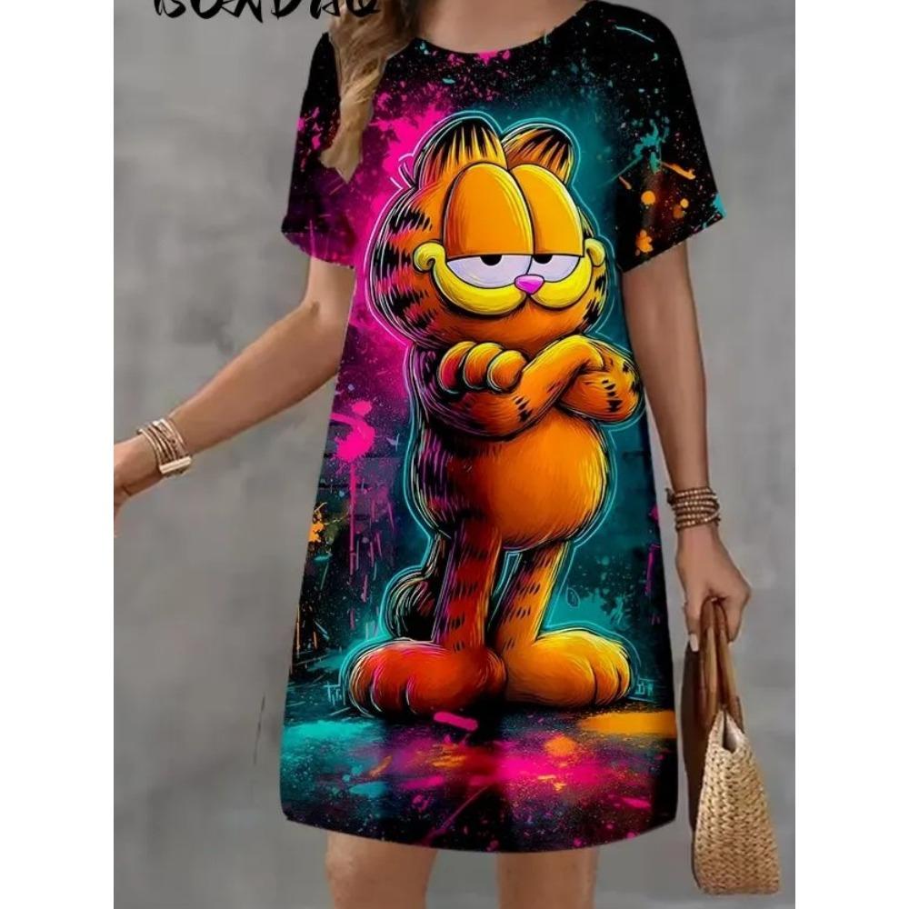 Robe d'été courte à manches courtes imprimée, motif animal créatif et amusant de dessin animé, grande taille, décontractée, confortable, douce pour femme
