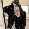 New Polka Dot Jacquard Crew Neck Single-breasted Loose Retro Small Cardigan Women's Long-sleeved Simple Casual Coat
