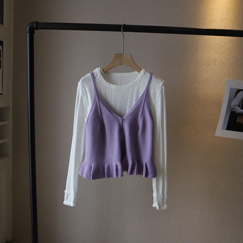 

Bi Zheng 2025 Весенний комплект-двойка в корейском стиле: Футболка с длинным рукавом и майка-топ для многослойности One Size фиолетовый/белый