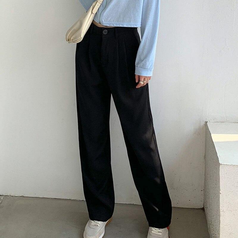 

Осенние свободные прямые брюки с высокой талией, женские повседневные широкие брюки, женские офисные брюки, женская одежда 23531 M чёрный