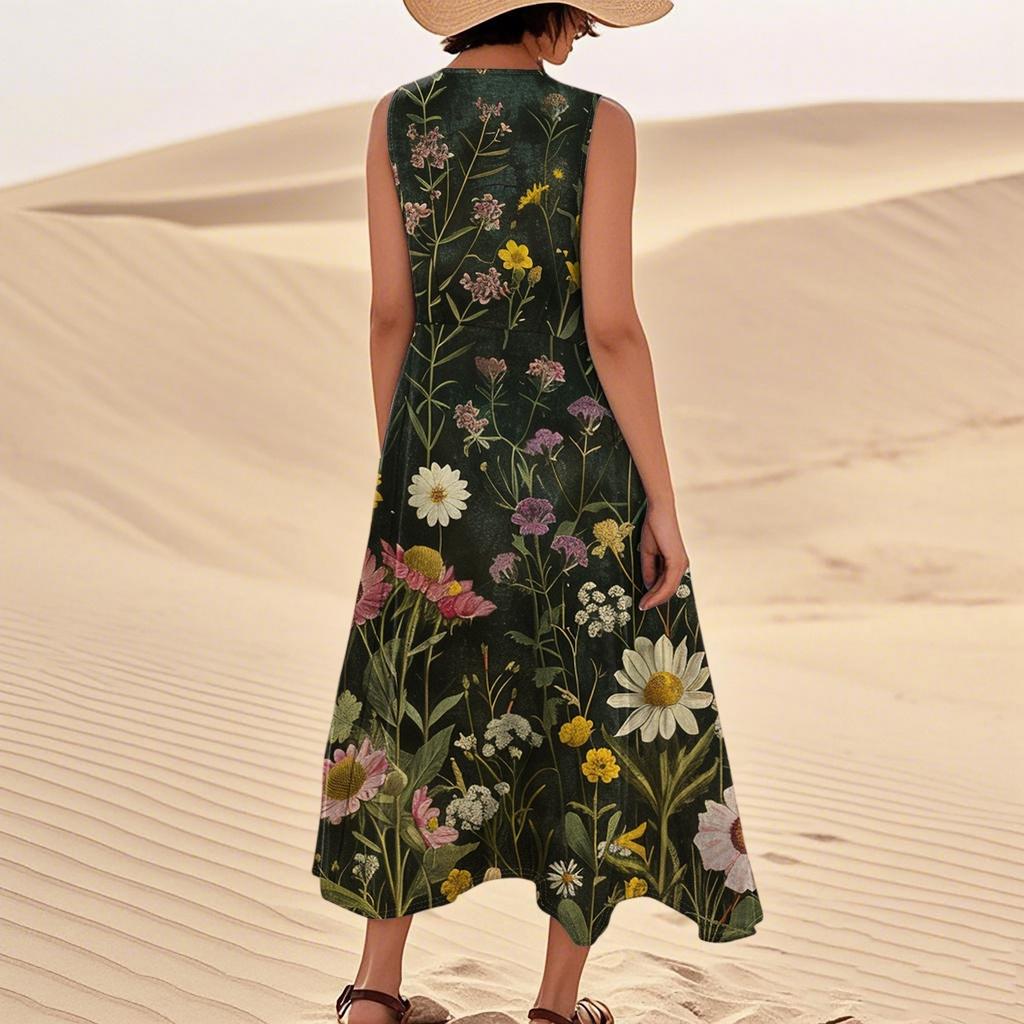 Women's Summer Casual Fashion Floral Print Sleeveless Pocket Dress