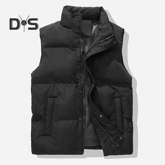 Men Windproof Vest Stand Collar Sleeveless Button Zipper Closure Waistcoat with Pockets Solid Color Thickened Down Vest Coat