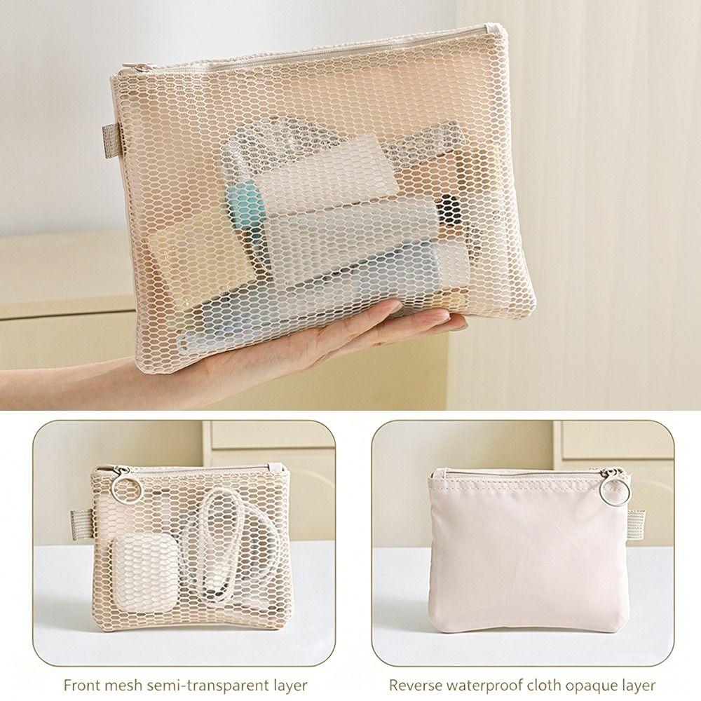 Multi-purpose Storage Bag Beige Zipper Closure Mesh Storage Pouch Lightweight Design Mesh Material Mesh Cosmetic Bag