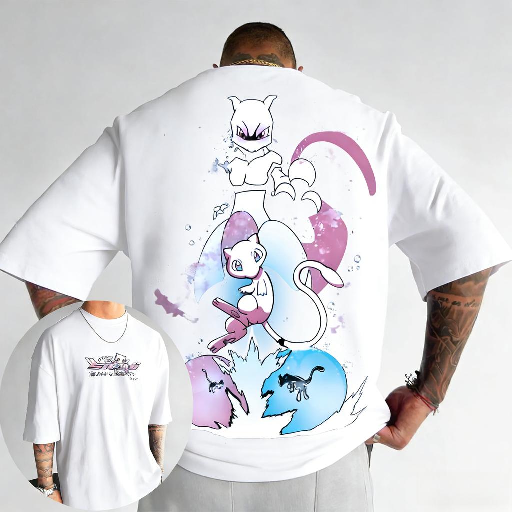 Men's and Women's Cotton T-shirt 2026 Summer New Pikachu Mewtwo Printed Street Hip Hop Casual Loose Y2K Parent Child Top