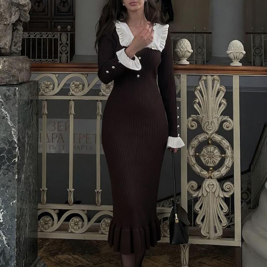 Lotus leaf edge dress knitted skirt autumn and winter new sweater skirt 2023 retro lady European and American cross-border French skirt girl