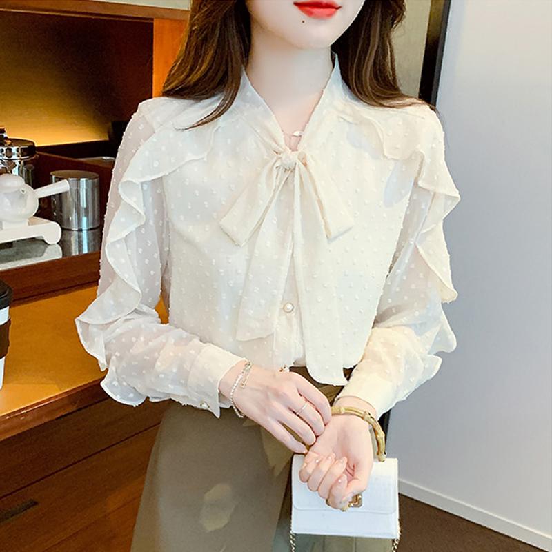 New 2024 Fashion Autumn Long Sleeve Bow Collar Casual Ruffles Apricot Chiffon Blouse Shirt Women Tops Blouses Shirts J533