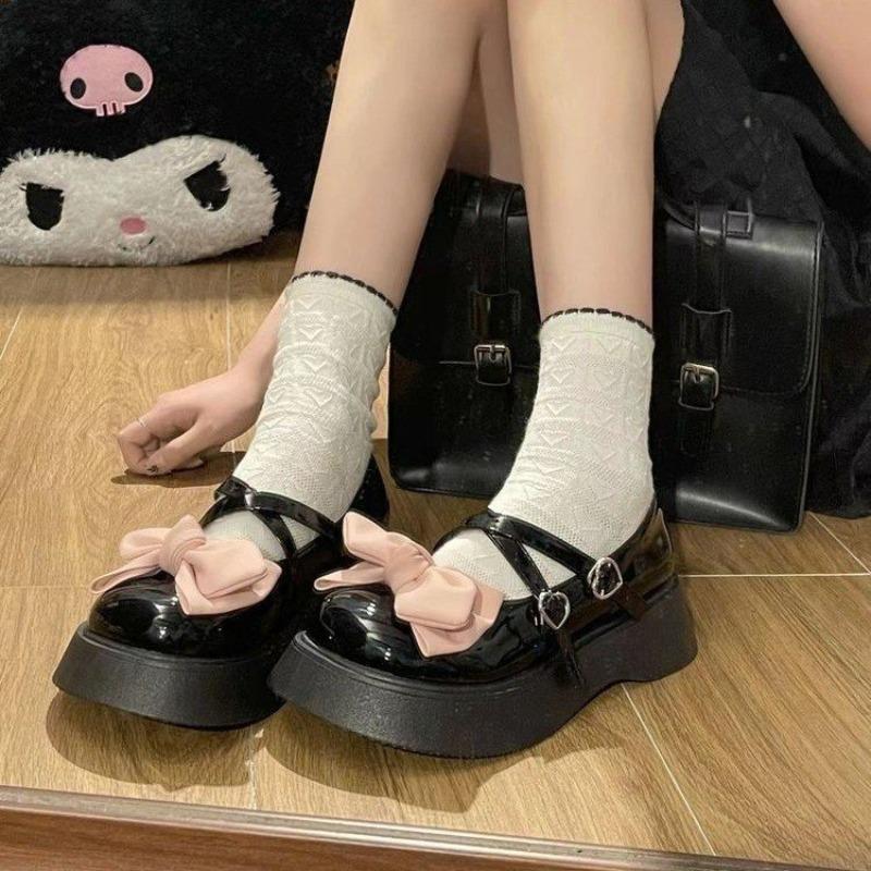 

Round head cute bow Mary Jane small leather shoes women s autumn Lolita platform height-increasing uniform shoes 35 чорний