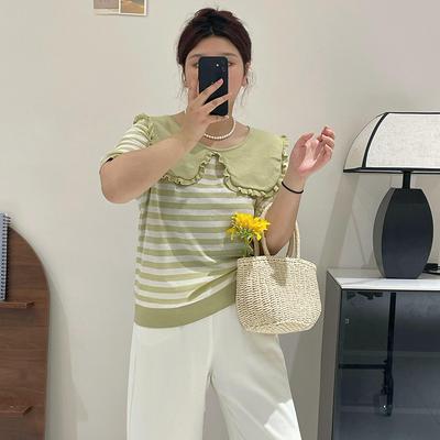 Plus Size Women's Summer Sweet and Slimming Striped Doll Neck Short Sleeved Top