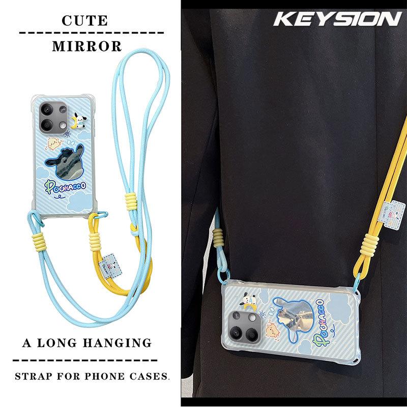 KEYSION Crossbody Strap Phone Case for Redmi Note 13 Pro 4G 5G Cute Cartoon Long Lanyard Mirror Shockproof Cover for POCO X6 M6 Pro 4G