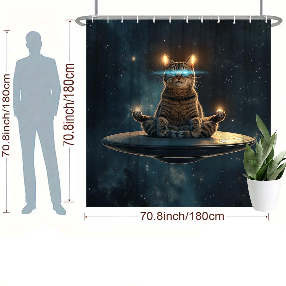 Cosmic Cat Meditation Bath Shower Curtain Galaxy Nebula Spiritual Pet Art Bathroom Decor