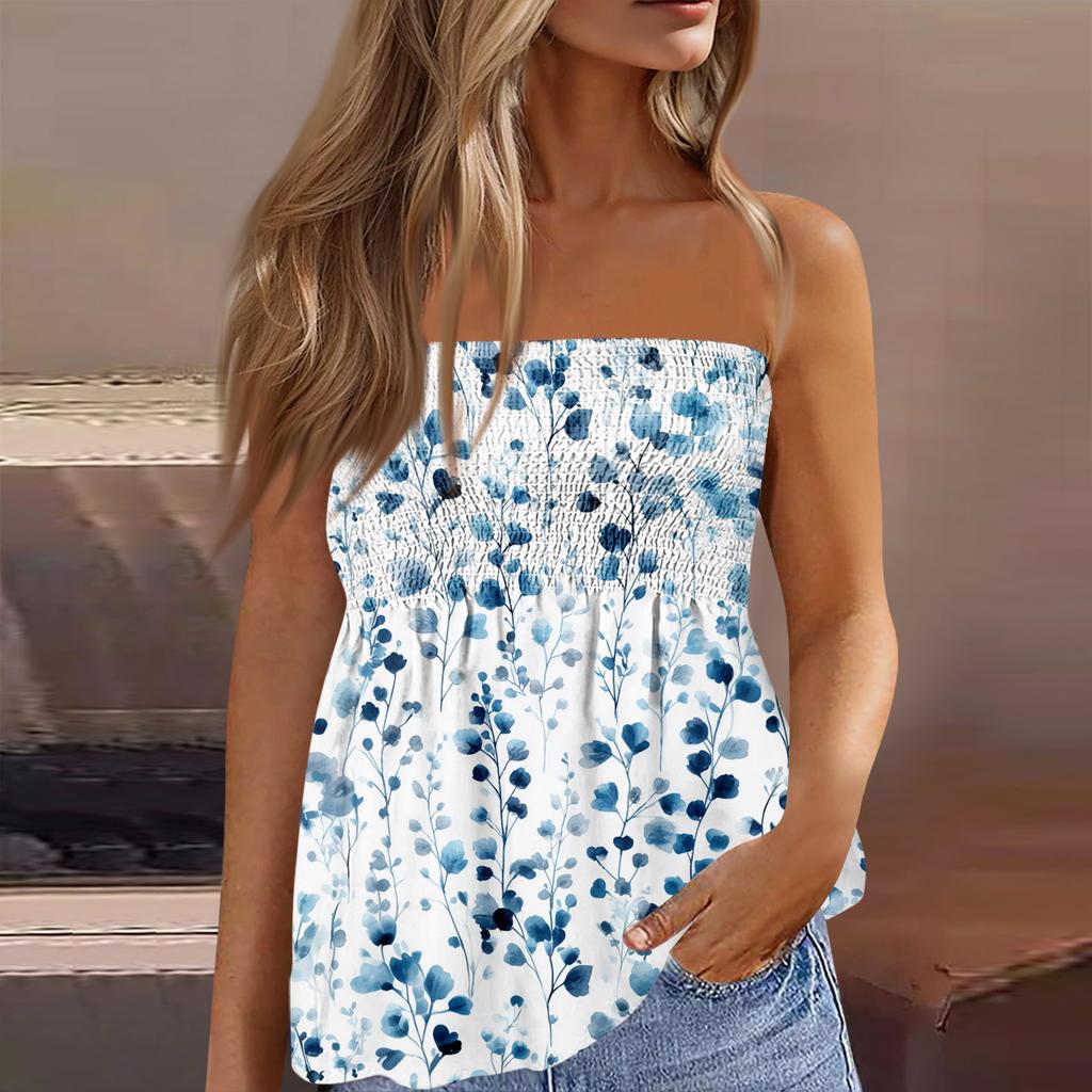 Women's Fashionable And Sexy Backless Elastic Floral Print Strapless Slimming T-shirt Top