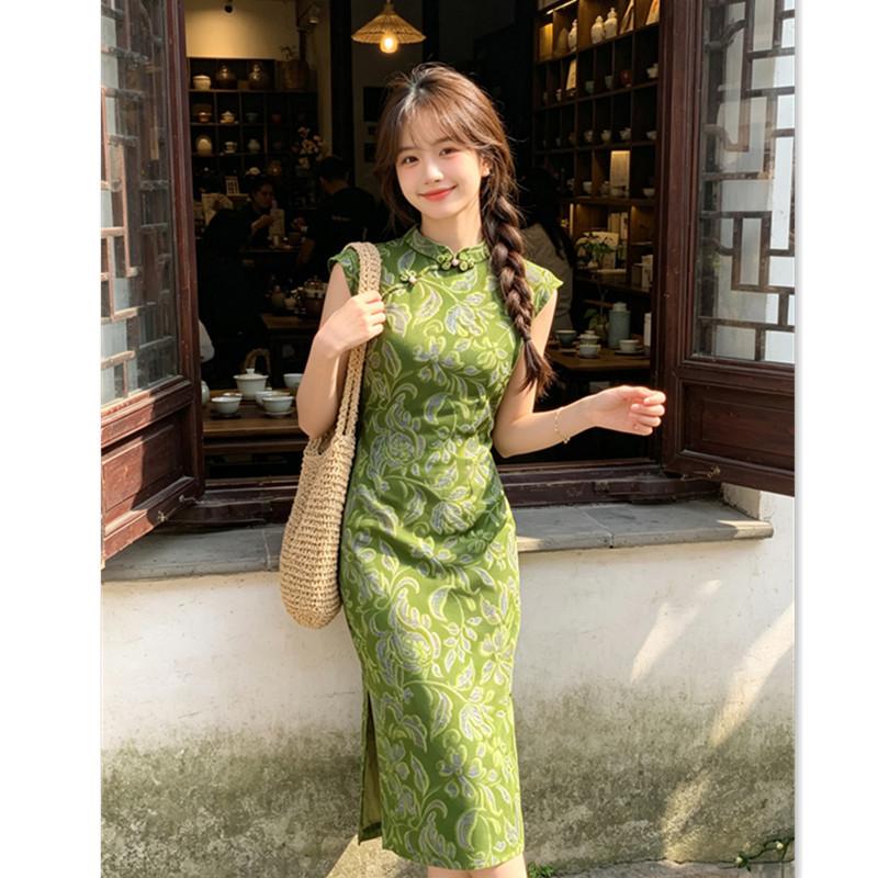 New Chinese style sleeveless young girl green cheongsam 1011 summer new mesh low collar daily wear