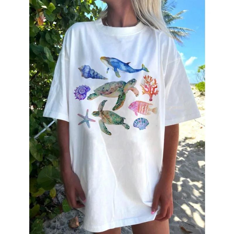 Marine Animals Whale and Turtle Printed  Women's Casual Crew Neck Short Sleeve White T-shirt Summer Women T-Shirt