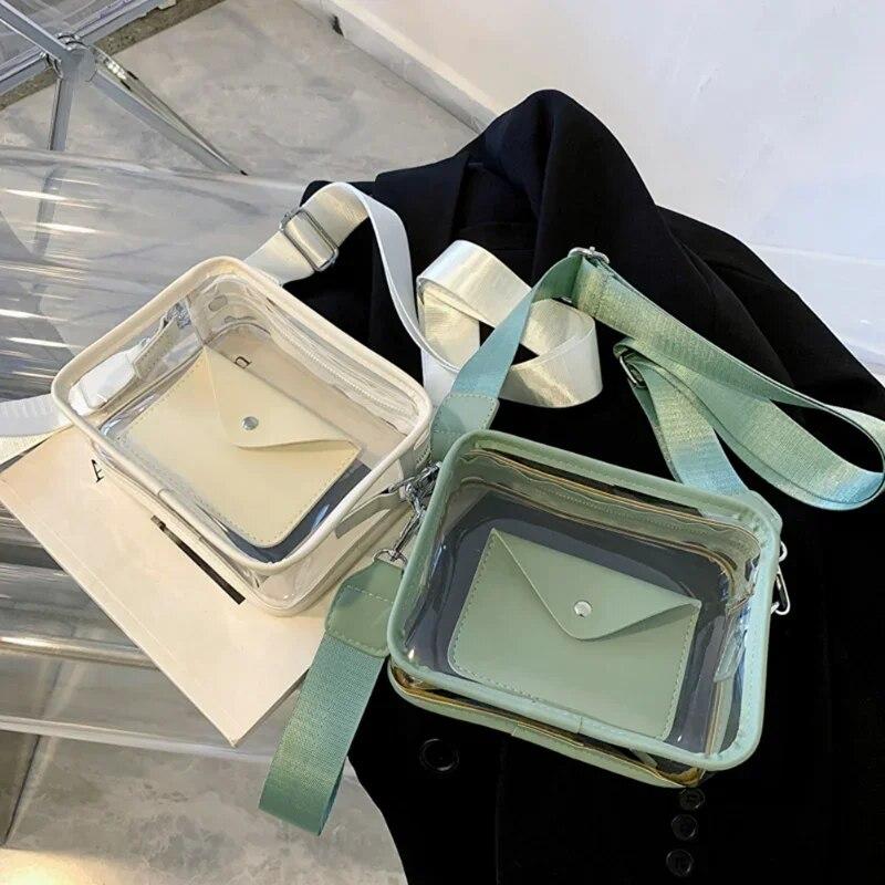 Sommer-Einkaufstasche für Damen, PVC, transparent, durchsichtig, Stadiontasche, modisch, tragbar, schlicht, elegant, verstellbarer Riemen mit kleinem Kartenetui