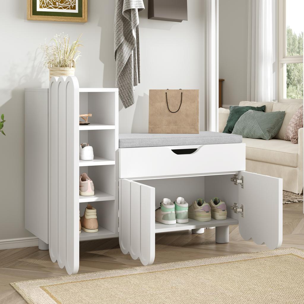 Modern 3-door shoe cabinet with drawer & seat cushion – White – Shoe cabinets and shoe benches