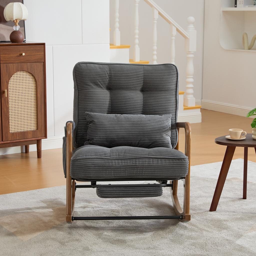 Modern Rocking Chair with Footrest, with Side Pockets, with Lumbar Cushion and Adjustable Backrest for Living, Bed and Childrens Room.(grey corduroy)