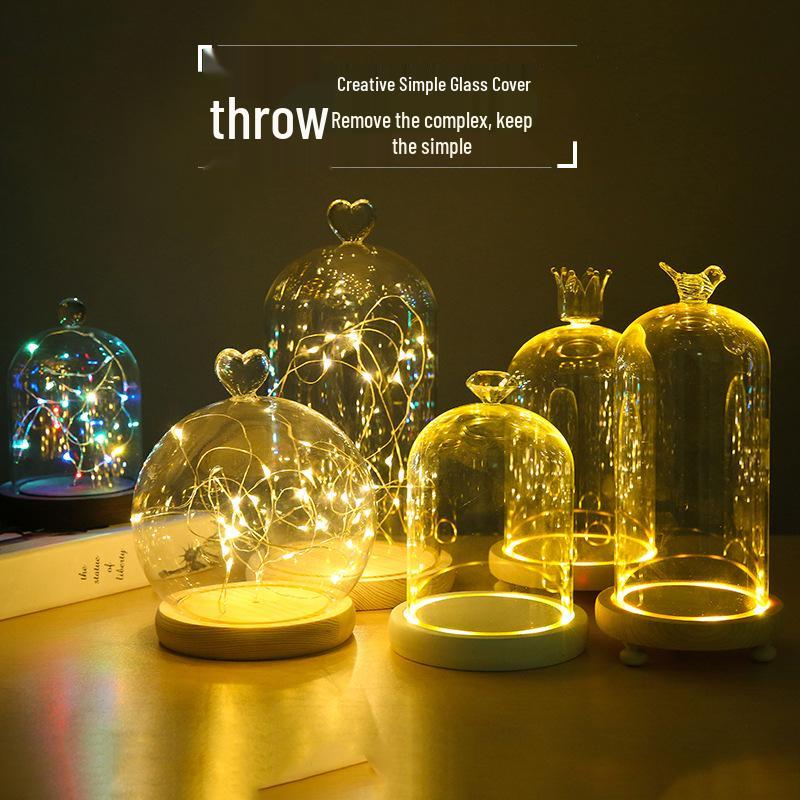 Creative Glass Dome with Light: Luminous Home Decoration with String Lights and Preserved Flowers Spherical 10 Heart + Wooden String Light