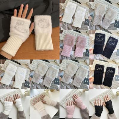 Cute Hello Kitty Plush Half Finger Gloves Winter Anime Kawaii Bow Tie Soft Thicken Warm Protection From Cold Student Gloves
