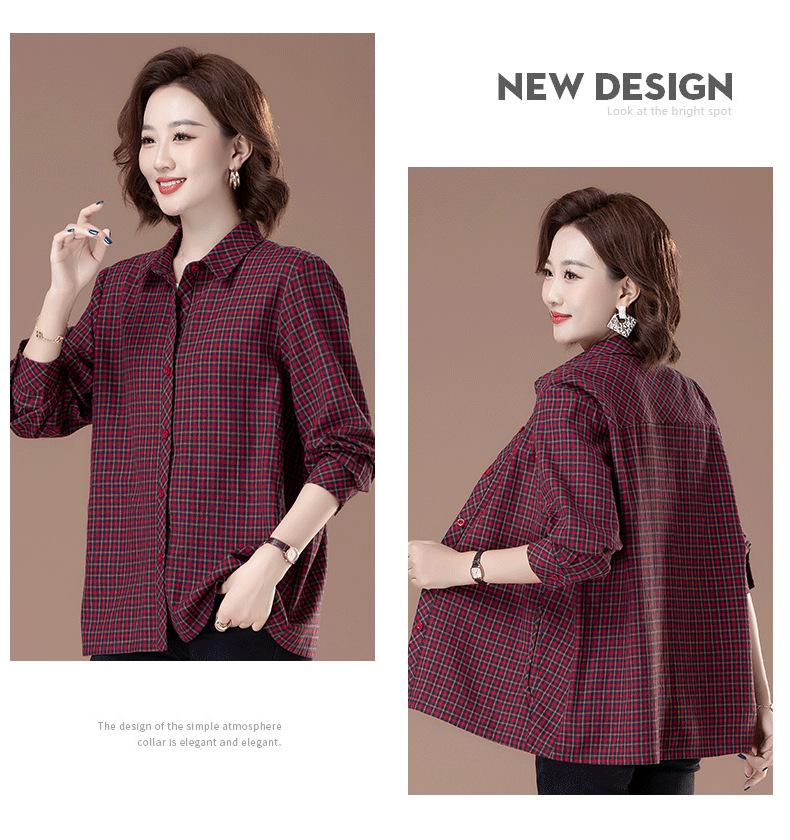 2025 New Autumn Plaid Cotton Shirt for Middle-Aged & Elderly Women - Plus Size, Turn-Down Collar, Cotton Linen