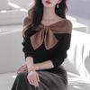 Korean Unique Bow Gently Knitted Black Contrasting Color Versatile One-word Shoulder Long-sleeved Sweater