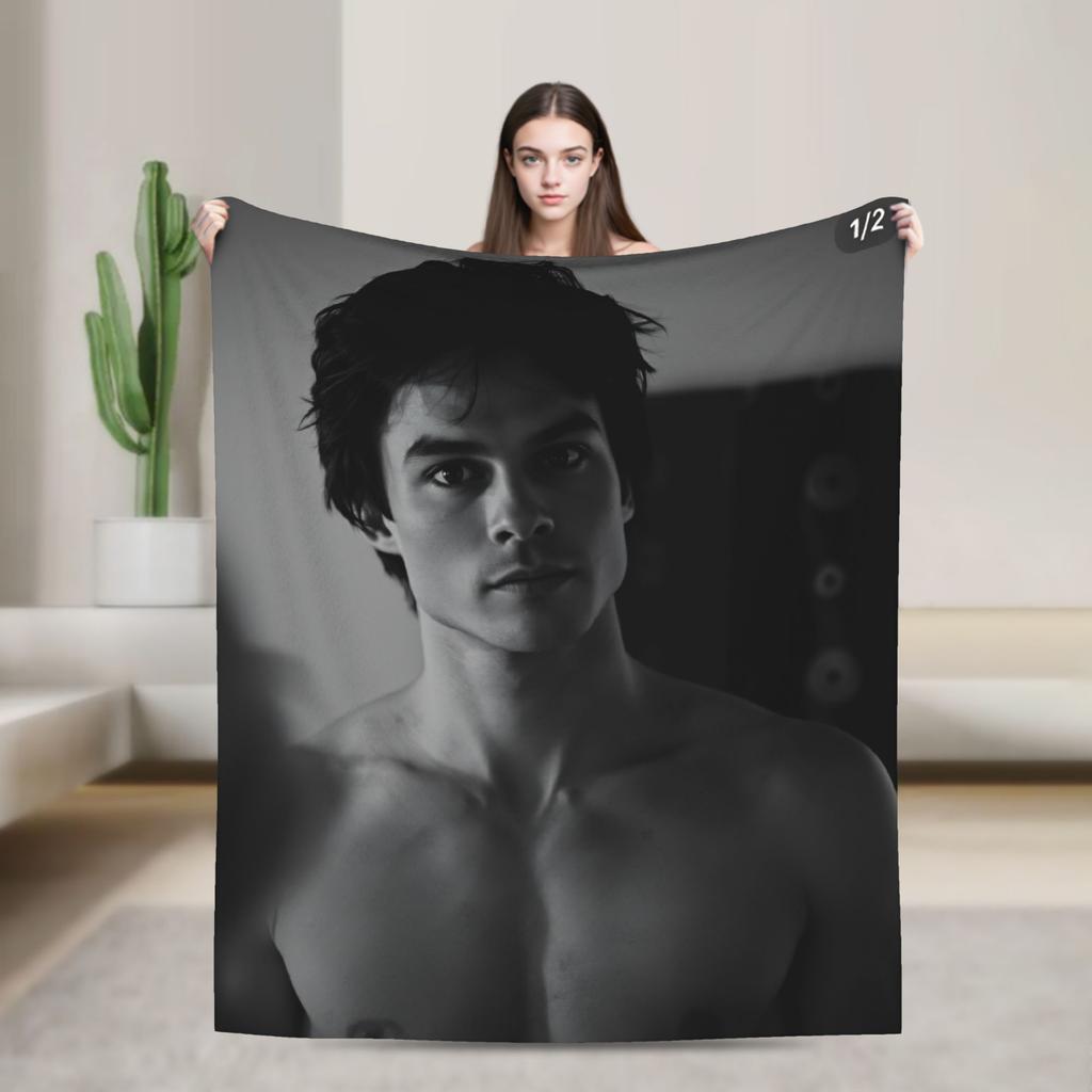 Damon Salvatore The Vampire Diaries Flannel Blanket Winter Super Warm Bedding Throws for Girls Boys Outdoor Bedspread Bed Cover
