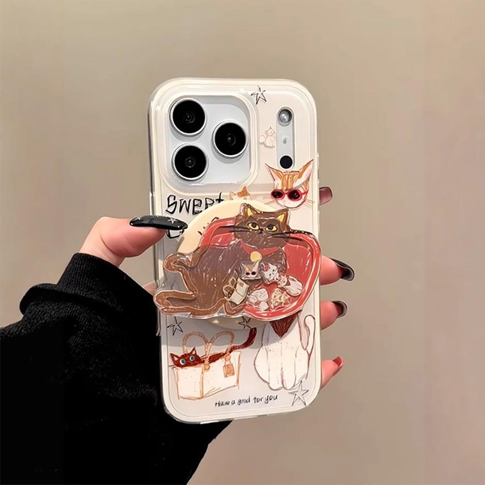 Funny Cartoon Kitten Cute Cat Magnetic Grip Tok Phone Case for iPhone 15 14 16 17 Pro Max Wireless Charge For Magsafe Back Cover