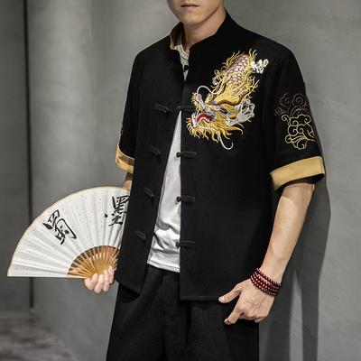 Summer Men's Casual Retro Disc Button Cardigan T-shirt Men's Chinese Style Youth Embroidery Color Matching T-shirt