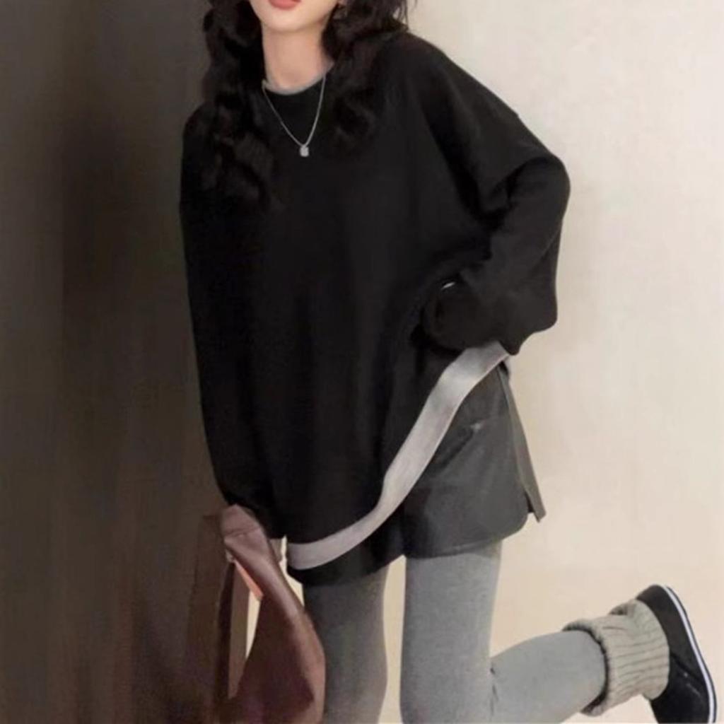 Contrast Color Fake Two-piece Bottoming Shirt for Women Autumn Winter Loose Mid-length Long-sleeved T-shirt Top