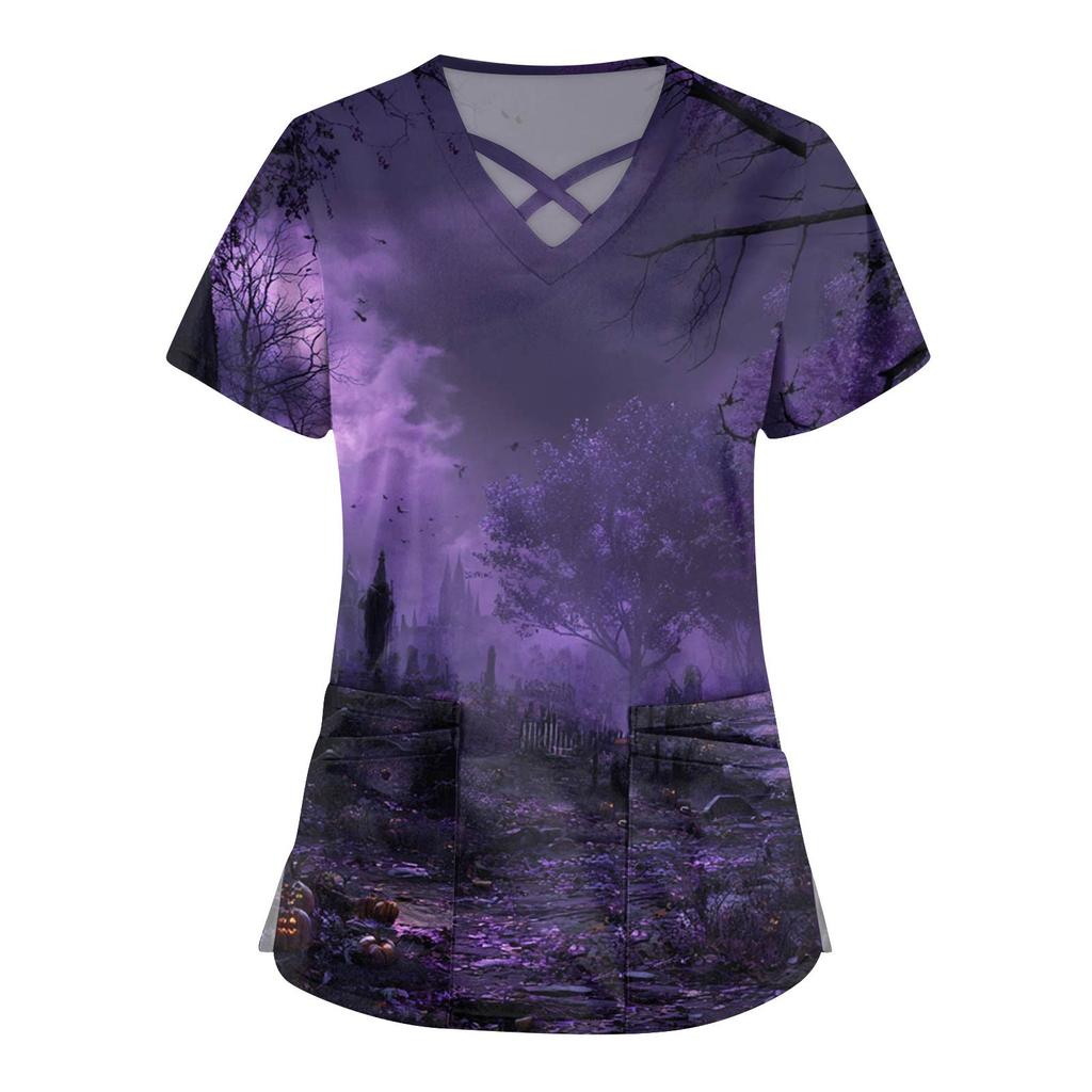Women's Fashion  V-Neck Short Sleeve Overalls Double Pocket Halloween Printed Tops  Apparel