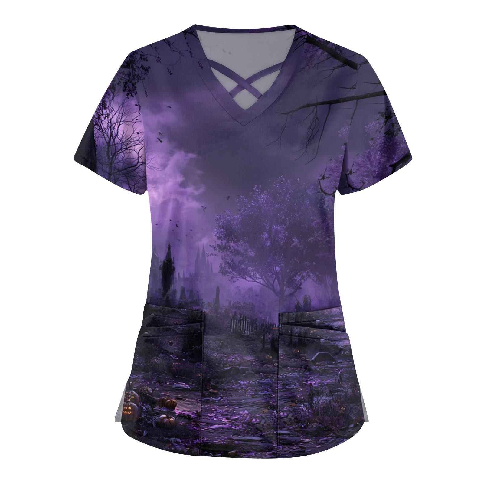 

Женская мода Комбинезон с V-образным вырезом и короткими рукавами Топы с принтом на Хэллоуин с двойным карманом Одежда XXXXXL