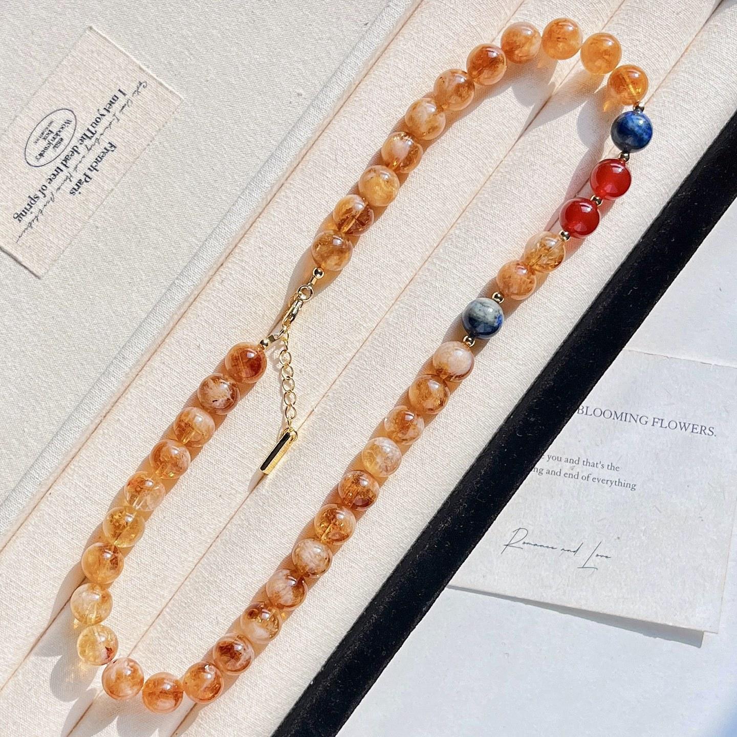 

Wind 10mm Natural Citrine Yellow Tower Crystal Lapis Lazuli Design Sense Necklace Collarbone Chain Sweater Chain