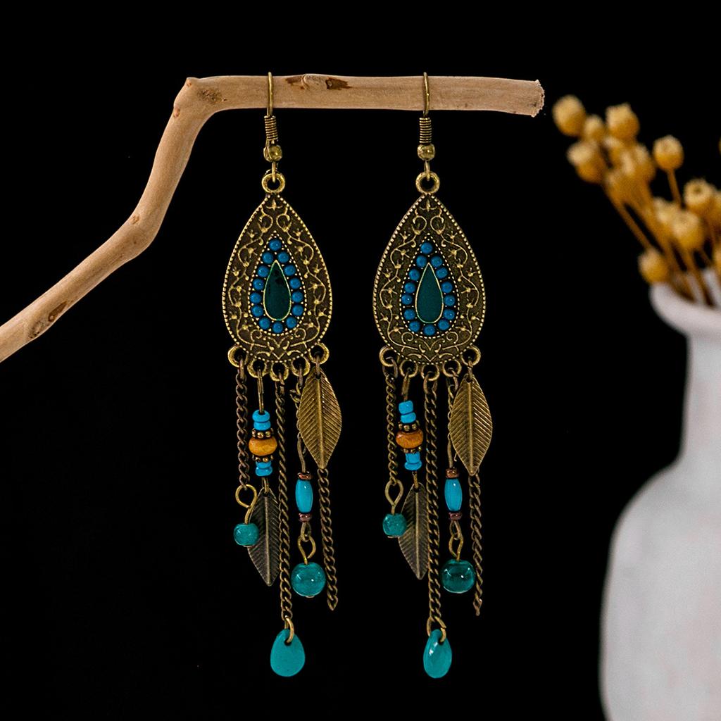 Bohemian Fringed Turquoise Earrings, Retro Minority Style Earrings, Personalized Temperament Earrings.