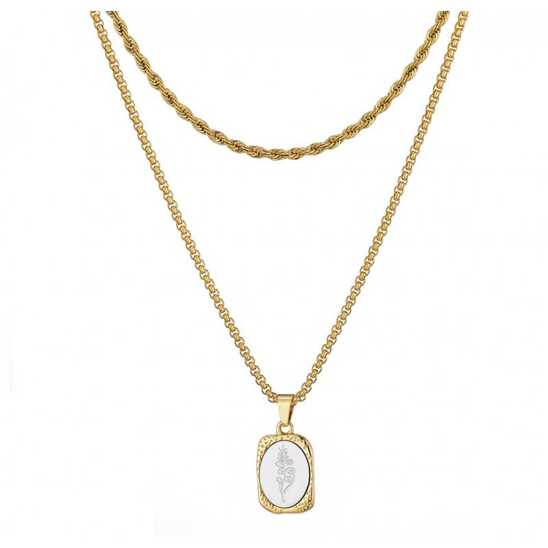 Vintage Floral Titanium Steel Necklace With Engraved French Mirror Square Pendant Layered Locket Chain Women