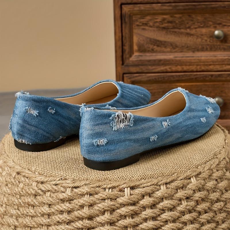 Women's Light Blue Slip-On Flats - Casual Square Toe Loafers with Ripped Detailing, Comfortable Rubber Sole Lightweight  Breathable Fabric for All-Day